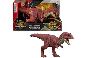 Mattel Jurassic World : Renaissance , Aucasaurus Rugissement féroce, dinosaure avec mouvement de mâchoire activé en bougeant la queue, attaque multidirectionnelle et son, jeu virtuel, JGB88