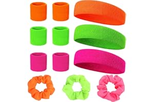DGUSO Neon 80er Schweißband Set 9-Teiliges Jahre Schweißband Stirn Schweißband Handgelenk und 3 Stück Schöne Fluoreszierende Farbe Neon Haargummis Retro Party Accessoires Für Damen und Herren in 3 Farben