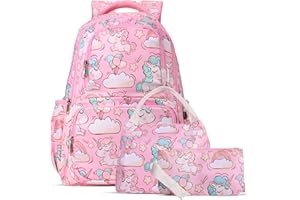 SAMIT School Bag School Backpack for Girl Kid Backpack Unicorn Backpack Rucksack Books Bag with Lunch Bag and Pencil Case for Elementary(3 in 1 Backpack Set)