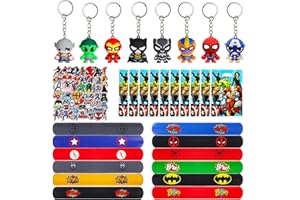 80Pcs Super-héros Avengers Anniversaire Fête Faveurs, 8 Avengers Porte-clés, 10 Avengers Sac Cadeaux, 12 Avengers Slap Bracelets à Claquer, 50 Avengers Autocollants, Cadeau Anniversaire Super Hero