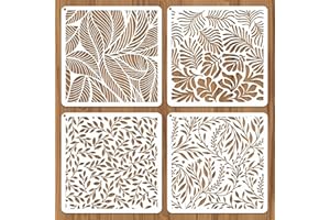JSRQT 4 Pezzi Stencil per Decorazioni di Foglie, Modello di Texture di Foglie e Steli per Pittura, Set di Stencil in Plastica Riutilizzabili per Artigianato Tela Legno Vetro Scrapbooking, 20×20 CM