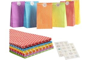 BEDECO 30 Stück Papiertüten Geschenktüten Kindergeburtstag klein Papier Tüten Geburtstagstüten mit Aufkleber Geschenkbeutel Geschenktaschen für Weihnachten Hochzeit Party Geburtstag Valentinstag 24x13x8cm