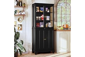 HOLTICO Display Cabinets, Kitchen Pantry Cupboard Storage Cabinets with Doors and Adjustable Shelves Freestanding Kitchen Cupboard Drinks Cabinet for Kitchen, Living Room, Black