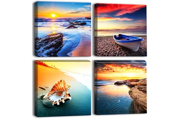 Artscope Lot de 4 impressions sur toile – Coucher de soleil de mer, paysage de mer, œuvre d'art murale moderne encadrée pour salle de bain, maison, bureau – 30 x 30 cm