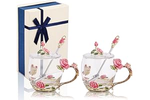 GeeWaa Emaliowany szklany kubek z kwiatami i motylami, do kawy, z łyżeczkami i pokrywkami, zestaw 2 szt., prezent dla kobiety, mamy, babci, dziewczyny, siostry, na Boże Narodzenie, urodziny, różowy