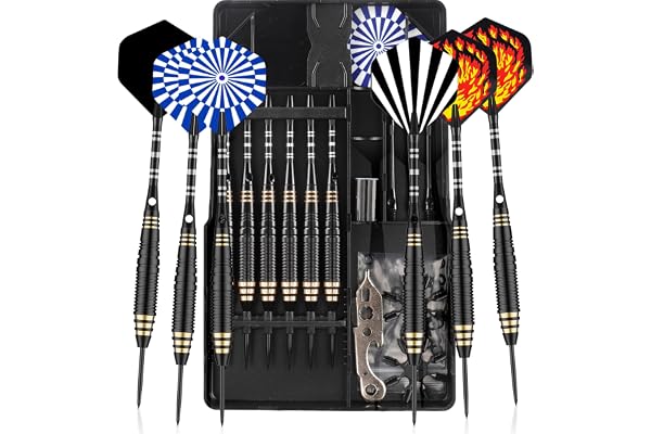 CareGames Fléchette 6 pcs Fléchettes Pointe Acier,Jeu de Fléchettes Professionnelles avec tiges en Aluminium,4 Styles d'ailettes,20 Anneaux en Caoutc,outil, aiguiseur et étui pour cave et Boîte cadeau