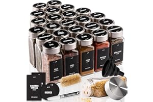 Deco Haus Juego 24 Tarros Especias con Tapa Rosca - Etiquetas, Embudo, Cepillo, Marcador - Va con Nuestros Estantes para Condimentos - Almacenamiento y Dispensador Vidrio Transparente 120ml 10.5x4.3cm