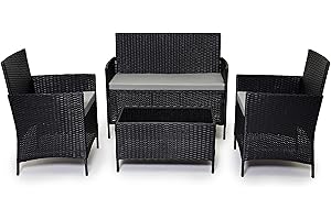 EVRE Black Rattan Garden Furniture Set Patio Conservatory Balcony Indoor Outdoor 4 Seater Piece Glass Top Coffee Table Modular Sofa Loveseat with Cushions