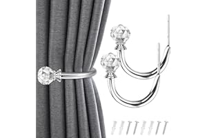 IAGORYUE Curtain Holdbacks 2 Pack U Shaped Metal Curtain Tie Backs Hooks with Clear Crystal Ball Tie Backs for Curtains Wall Mounted Drapery Holders for Home Office Hotel Window Drapes Decor (Silver)