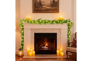 JOYCUSHY 9FT/2.7M Christmas Garland Decoration with 50 Warm White LED Lights, PE Artificial Pine Green Garland for Fireplace Mantle Stairs Front