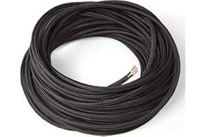 Amarcords - Câble électrique textile couleur NOIR, rond, soie, 5 mètres, avec mise à la terre 3x0,75 - Fil vintage en tissu coloré, pour lampes, lustres, appliques et abat-jours.