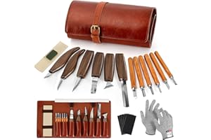 7CDXD 17 Pezzi Kit di Coltelli per Intaglio del Legno, Strumenti per Intaglio del Legno, con custodia, Sicurezza Guanti, Pietra Lucidante, Affilatura, Strumenti per Intaglio Legno per DIY Principianti