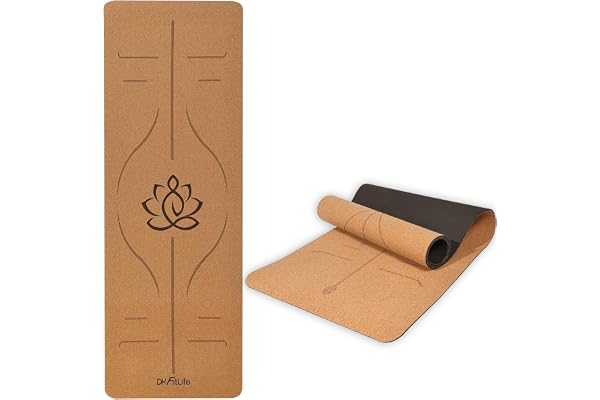 DH FitLife Yogamatta Kork TPE Halkfri 183x61x0,6 cm | Orienteringslinjer Stor Lotus｜Tjock Träningsmatta｜Gymnastikmatta｜Fitnessmatta｜Bekväm Dämpning