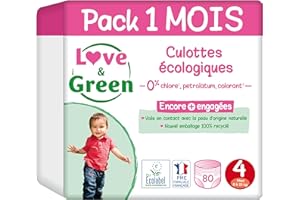 Love & Green - Couches Culottes Saines et Ecologiques Taille 4 (8-15 kg) Pack 1 Mois (80 Culottes) - Absorbante, anti-fuites et sans ingrédients indésirables