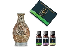 AROMA HAVEN Therapeutic Essential Oil Diffuser Cool Mist Humidifier LED 120ml Mosaic Glass Ultrasonic Scented Oil Mist Diffuser for Aromatherapy in Spa, Office, Water-less Auto Shutoff (Round Rose Gold + Oils)
