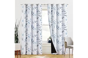 Beauoop Navy Blue Floral Blackout Curtains for Living Room Bedroom 90 Inch Drop Leaf Print Eyelet Curtain Botanical Thermal Insulated Noise Reducing Drapes Window Treatment Sets 2 Panels