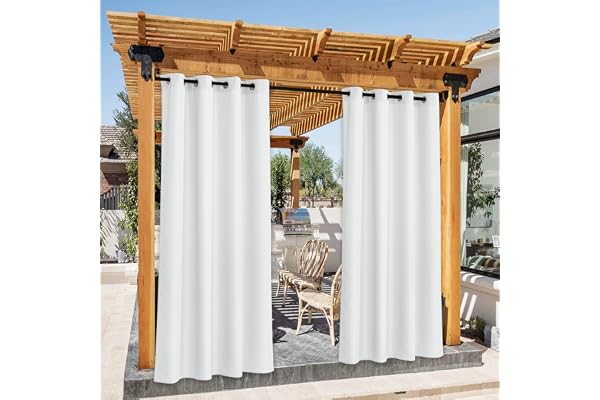 PONY DANCE Rideau Extérieur - Rideau Blanc Impermeable pour Terrasse Pergola Tonnelle avec Oeillet Isolation Thermique Anti Froid Anti UV, L 140 sur H 240 cm, Blanc, Lot de 2