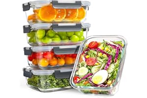 YASHE 5 Piezas Recipientes de Vidrio 1040ml con Tapas Herméticas, Reutilizables, Apto para Microondas, Horno, Congelador y Lavavajillas - Sin BPA Fiambrera Cristal, Ideal para Conservación de Alimentos