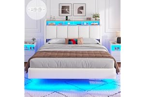‎BRINLAWB Brinlawb Polsterbett 140x200 cm Schwebebett mit LED-Beleuchtung, Kopfteil und Ladestation(2 AC-Steckdosen, 2 USB-Anschlüsse), Bett 140x200 mit Stauraum, Modern Doppelbett mit lattenrost, Leinen, Weiß