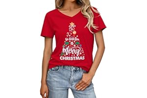 Crewhpo Świąteczny T-shirt dla kobiet, koszulka bożonarodzeniowa, krótki rękaw, dekolt w serek, Boże Narodzenie, z nadrukiem, top dla kobiet, luźny top