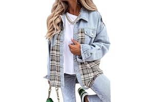 PLACITIUME Women's Button Down Denim Jackets for Women Fashion Long Sleeve Plaid Shacket Jacket