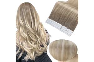 ‎FSHINE Fshine Tape in Remy Haarverlängerungen 50 Gramm Skin Weft Tape Haarverlängerungen 45cm Dunkelstes Braun Verblassen zu Aschblond und Platinblond Tape in Extensions 20 Stück #19/8/60