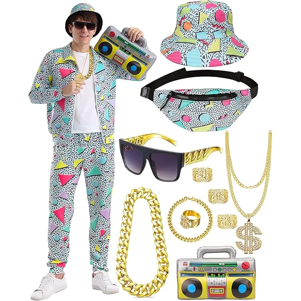Trainingspak voor heren, set joggingpak en broek, set met opblaasbare gettoblaster, buiktas, zonnebril, hoed, halsketting, armband, ring, hiphop, sportkleding, carnaval, themafeest, zwart, M