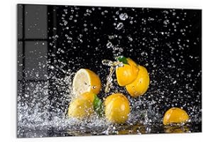 DEQORI Panel posterior de cocina de cristal, diseño de limones y perlas de agua, 60 x 40 cm, pared trasera para baño o cocina, protección contra salpicaduras para cocina y baño, decoración moderna