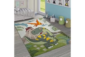 ‎PACO HOME Paco Home Kinderzimmer Teppich Grün Dinosaurier Dschungel Vulkan 3-D Effekt Kurzflor, Grösse:Ø 120 cm Rund