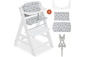 hauck Seggiolone Alpha Plus - Seggiolone Pappa in Legno Evolutivo con Cintura 5 punti - Seggiolone Legno con Barra Frontale e Cuscino per la Seduta - Bianco Nordic Grey
