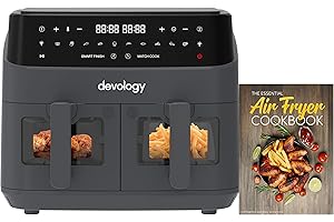 Devology Double Air Fryer - 9L - 2 x 4.5L Independent Cooking Zones With Light Up Glass Front - Free 50 Recipe Cookbook- 10 Cooking Programs - Digital LED Display - Healthy Oil-free Fryer - Portable