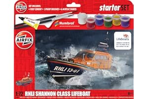 Airfix Starter Set - A55015 RNLI Shannon Class Lifeboat Model Building Kit - Plastic Model Boat Kits for Adults & Children 8+, Set Includes Decals, Acrylic Paints, Brushes & Poly Cement - 1:72 Scale