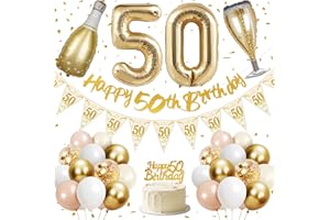 LYUET 50th Birthday Decorations, Happy 50th Birthday Banner, 40 inches 50 Foil Balloons, Champagne Golden Bottle and Glass, Gold, Pink, White and Confetti Balloons, 50th Party Decorations for Women