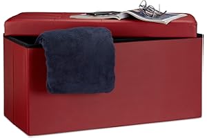 Relaxdays Cassapanca Contenitore, Pouf Pieghevole in Similpelle, HxLxP 38 x 76 x 38 cm, Panca con Coperchio, Rosso Scuro