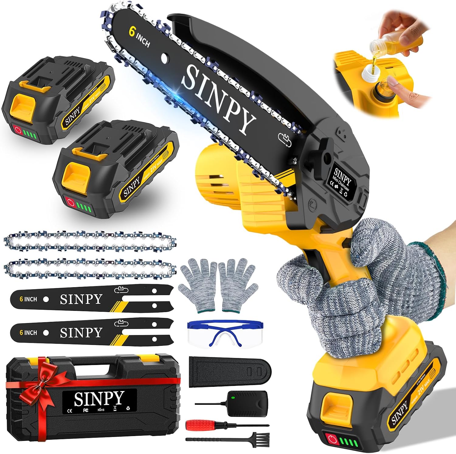 SINPY Mini Chainsaw Cordless, 6 Inch Electric Power Chain Saw with 2 Batteries & 2 Chains, Small Chainsaw with Safety Lock for Tree Trimming, Garden, Wood Cutting Gift for Men Dad Husband Fathers 2025