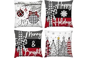 KEIROUTK Świąteczne poszewki na poduszki 45 x 45 cm, zestaw 4 choinek, wiejski, dekoracyjne poszewki na poduszki do domu, na sofę, 45 x 45 cm, poszewki na poduszki na Boże Narodzenie, jeleń, płatek śniegu