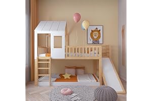 ‎MERAX Merax Hochbett 90x200cm, Hausbett Etagenbett für Kinder mit Leiter und Rutsche, Kinderbett mit Rausfallschutz und Lattenrost, Spielbett mit Dach und Fenster, Rahmen aus Kiefer, Jugendbett, Natur&Weiß