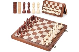 Yoowalar 2 in 1 Scacchiera Magnetica in Legno e Dama, Scacchiera con Tavola Magnetica Scacchi da Viaggio Portatili con 2 Regine, Set di Scacchi Pieghevole per Bambini e Adulti, 39 x 39cm