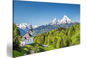 bilderfelix® Picture on Canvas Beautiful Mountain Landscape in the Bavarian Alps with Pilgrimage Church Maria Gern and Watzmann Massif in the Background National Park Berchtesgadener Land Bavaria