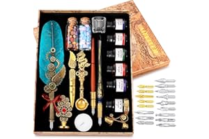 MPRINCE Quill Pen Feather Calligraphy Pen and Ink Set,Wax Seal Stamp Set,includes Quill Pen,Glass Dipping Pen,Wooden Dipping Pen,6 Bottles of Ink,8 Sheets of Writing Paper,Envelope-Green