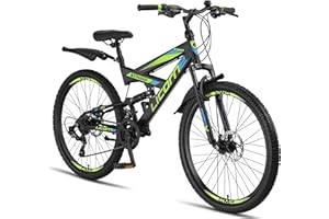 Licorne Bike Strong 2D Premium Mountain Bike in 26, 27,5 e 29 pollici, bicicletta per ragazzi, ragazze, donne e uomini, freno a disco anteriore e posteriore, cambio a 21 marce, sospensione completa