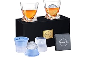 LIGHTEN LIFE Juego de vasos de whisky, 2 vasos de borbon, 2 moldes de hielo y 2 posavasos en caja de regalo,vasos de roca de whisky con molde de hielo, juego de regalo para hombres