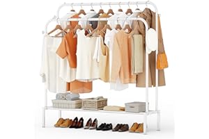 JOISCOPE Kleiderständer Auf 2 kleiderstangen, Platzsparenders Wandregal, Multifunktional Garderobenständer aus Metall mit 1 Regal und 4 Haken, Wohnzimmer Schlafzimmer, Weiß