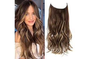NEXYSHE Invisible Wire Hair Extensions Brown with Caramel Blonde highlights Hair Extensions 20 Inch Wavy Hair Pieces for Women Friendly Synthetic Hair Extensions