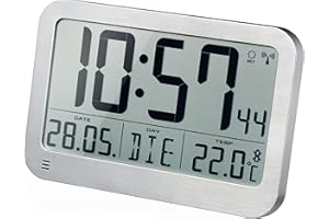 ‎BRESSER Optus digitale Wanduhr MyTime MC LCD Wand Tischuhr 225x150mm mit Thermometer, silber