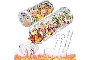 AONAT 2 Pièces Panier de Cuisson pour Barbecue,Panier de Barbecue en Acier Inoxydable,Panier à Griller Roulant,Paniers À Griller Cylindriques,Panier À Légumes pour Grillades en Plein Air