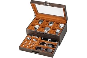 Voova Watch Boxes Organiser Jewellery Box for Men Women,2 Layer Large 12 Slot PU Leather Watch Storage Case, Glass Top Jewelry Display Holder for Watches Sunglasses Rings Necklaces Bracelets,Coffee