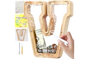Lakpopya Salvadanaio in Legno per Bambini Salvadanaio Lettre Personalizzato di A-Z Salvadanaio Apribile Trasparente per Decorazione Regalo Battesimo (V)