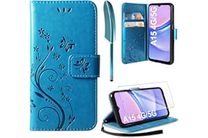 AROYI Coque Compatible avec Samsung Galaxy A15 4G / 5G, Retro Design PU Etui Housse en Cuir Portefeuille de Protection Fonction Stand Video Porte Carte Credit Ticket Flip Case Bleu