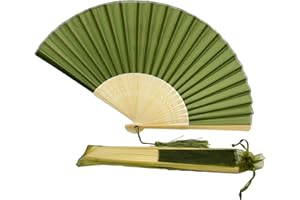 FANSOF.FANS Fabric Handheld Folding Hand Fan With a Tassel Grade A Bamboo Ribs for Women Girls Summer Party Event Favour Birthday Wedding Souvenir Gift (Moss/Olive Green)